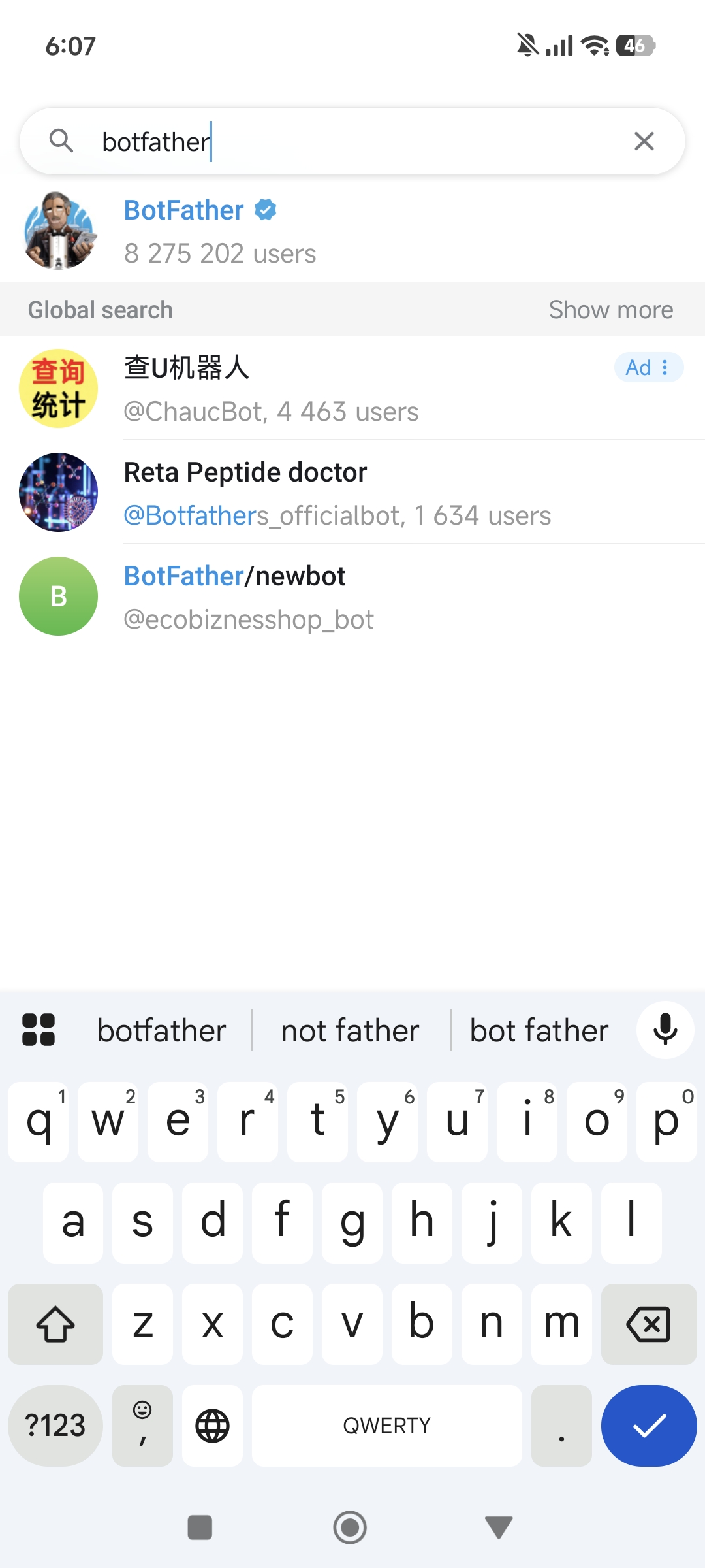 Searching for BotFather in Telegram