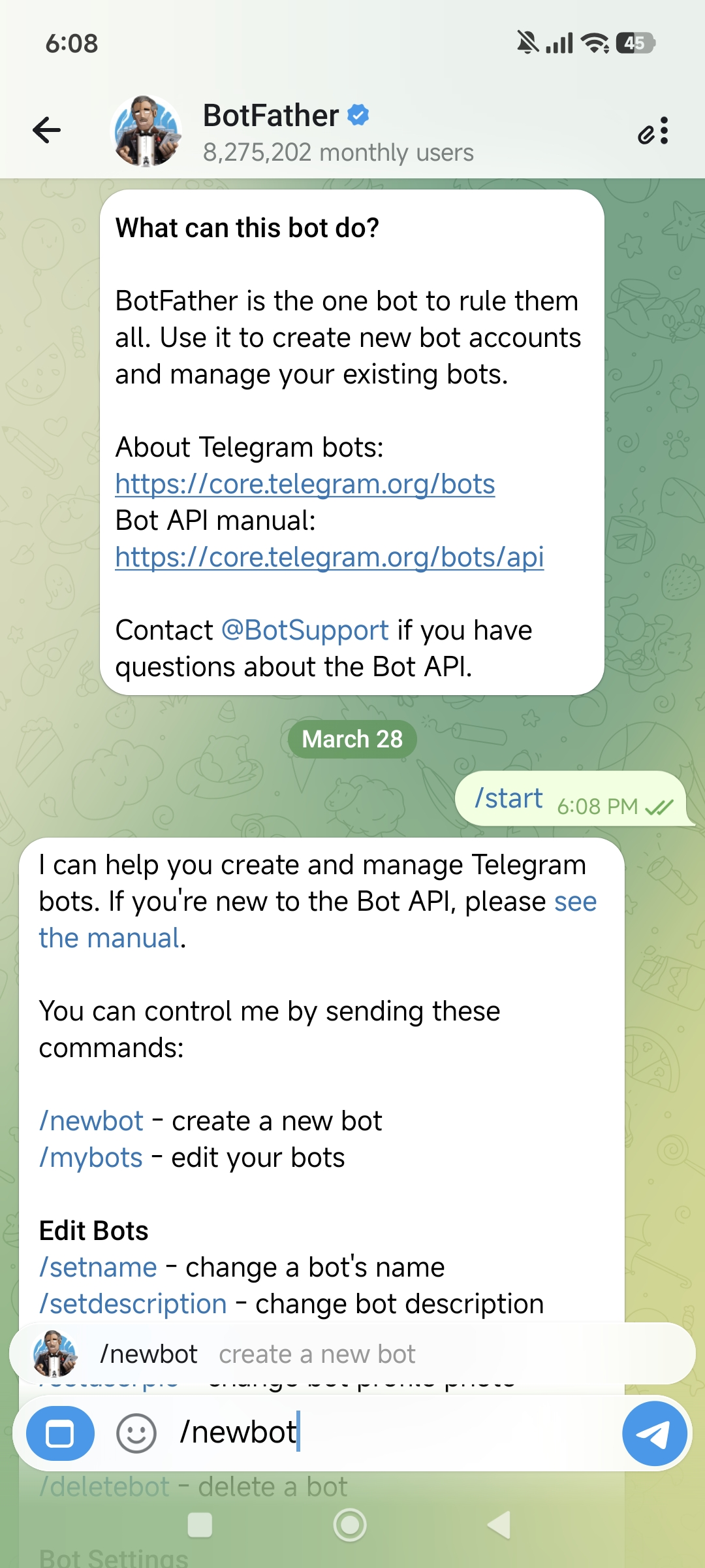Sending /newbot to BotFather