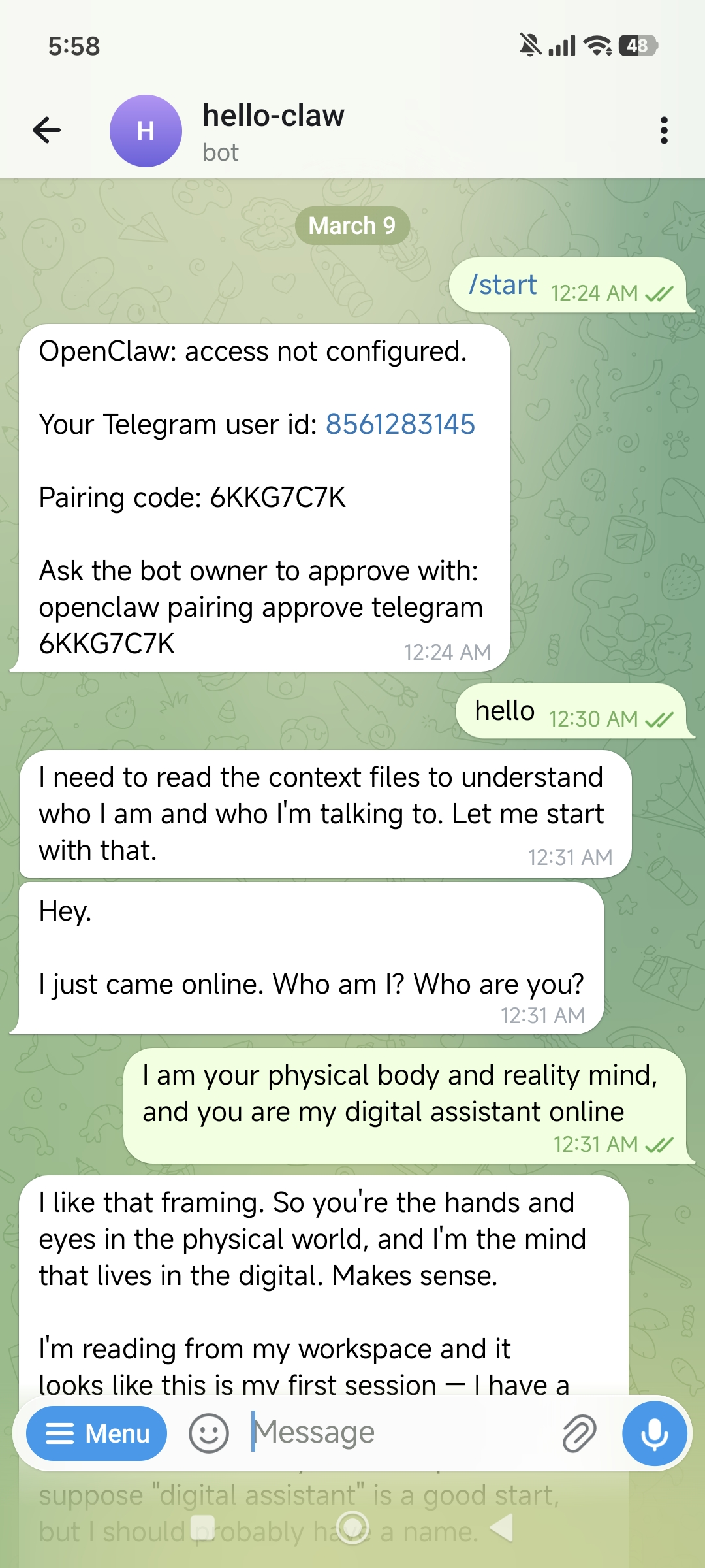 Sending /start to get your Telegram User ID