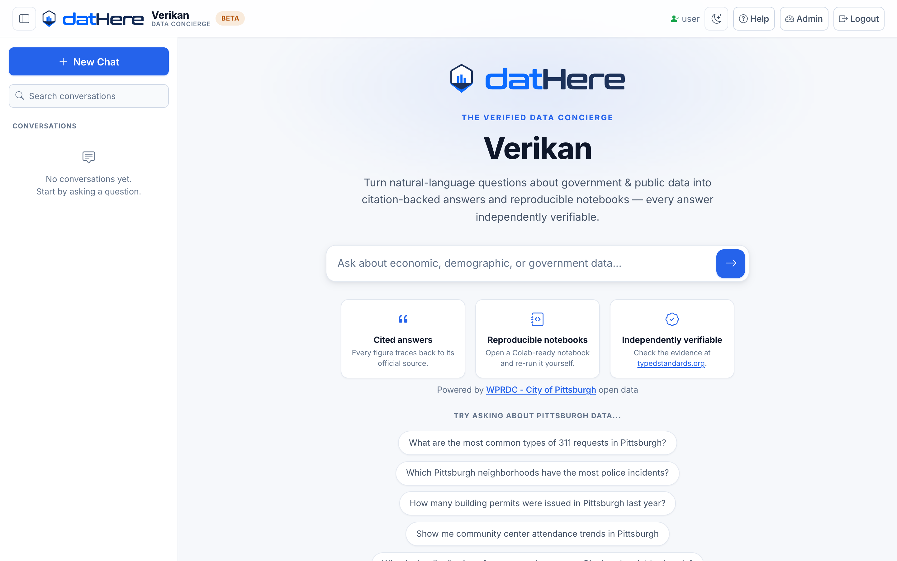The Verikan landing page with a search box and suggested questions