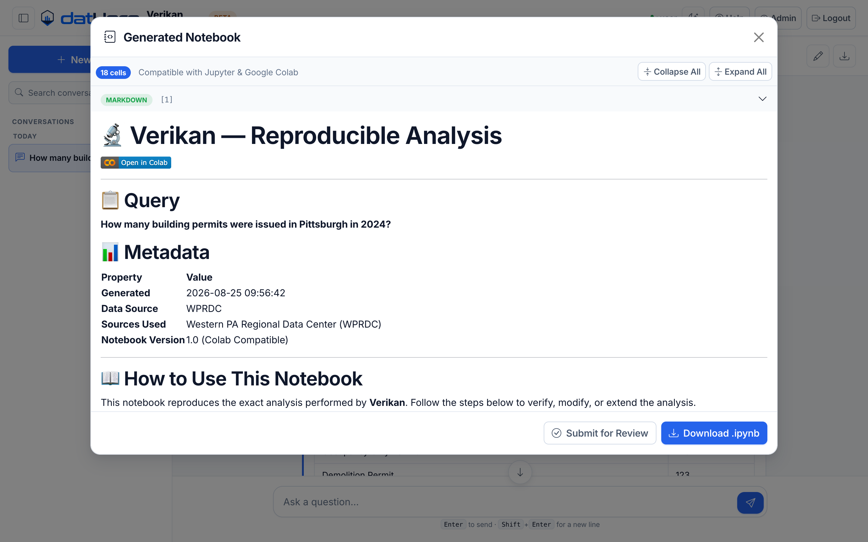 The generated notebook viewer showing a Colab badge, the original query, metadata, and a download button