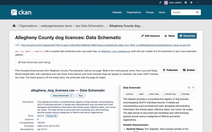The four presets: a qsv Data Schematic of Allegheny County dog licences sizing itself to fit, Wikipedia in Strict, a Datawrapper chart in Interactive, YouTube in External behind a consent card, the view form suggesting a Vimeo embed, then a short clip of each of the 29 well-known services with the preset it needs
