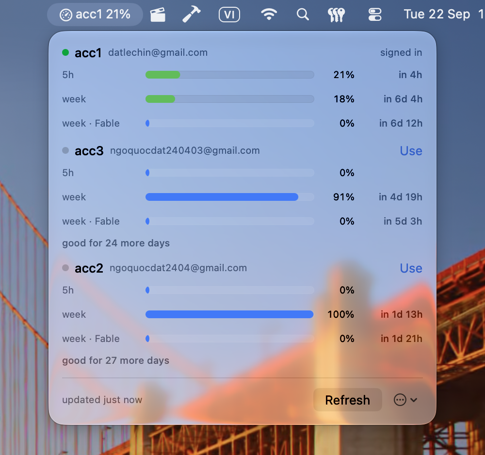 The pitboard menu bar panel, listing three accounts with their five hour and weekly limits