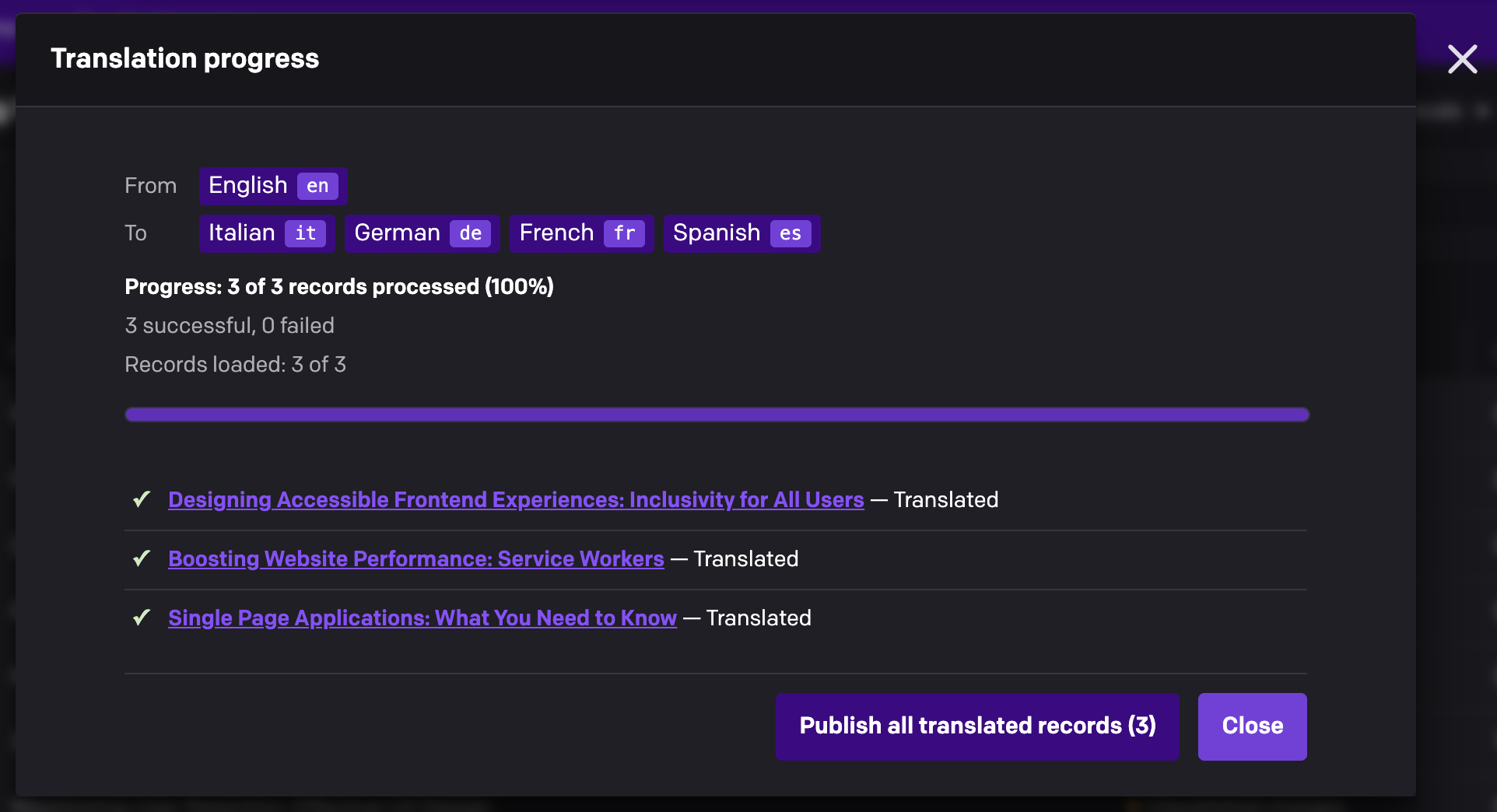 The Translation progress dialog at 100%, with every selected record marked Translated