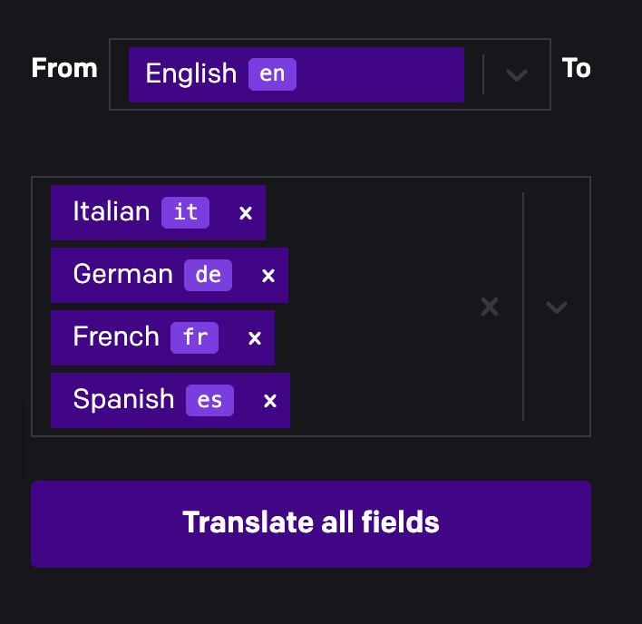 The AI Translations sidebar panel set to translate from English to Italian, German, French and Spanish, with the Translate all fields button