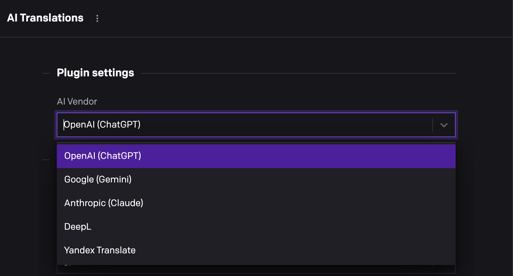 The plugin settings with the AI Vendor menu open, listing OpenAI (ChatGPT), Google (Gemini), Anthropic (Claude), DeepL and Yandex Translate