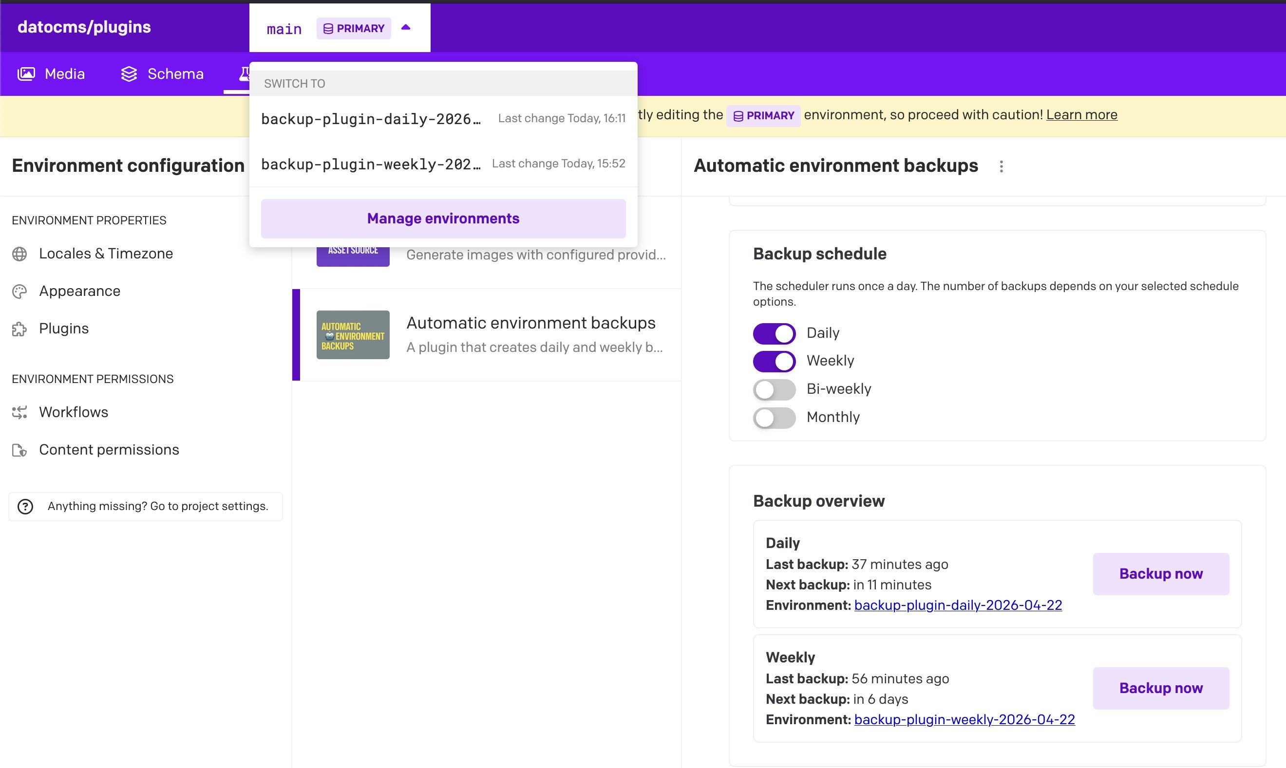 Automatic environment backups