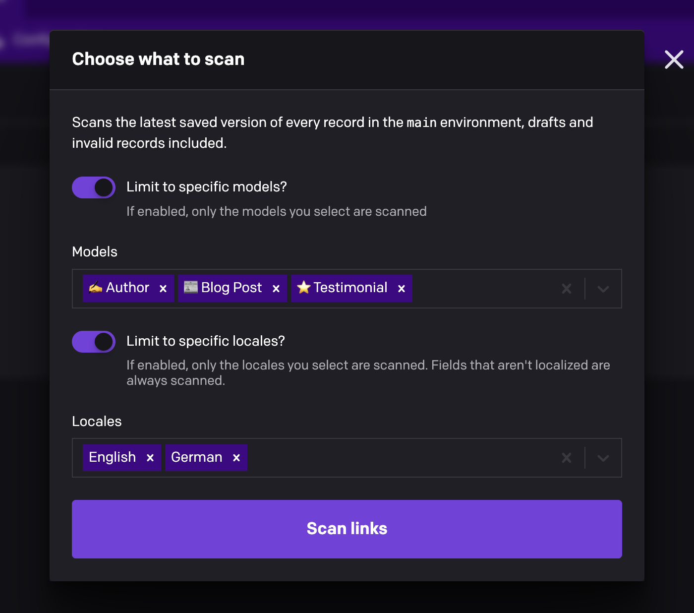 The Choose what to scan dialog, limited to the Author, Blog Post and Testimonial models in English and German