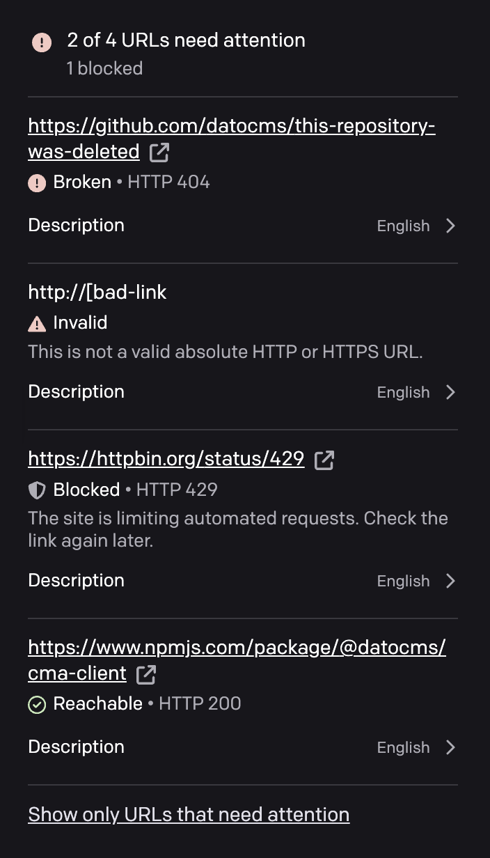 Four results in the record sidebar: a broken link, an invalid link, a link blocked by rate limiting and a reachable link, each with its explanation