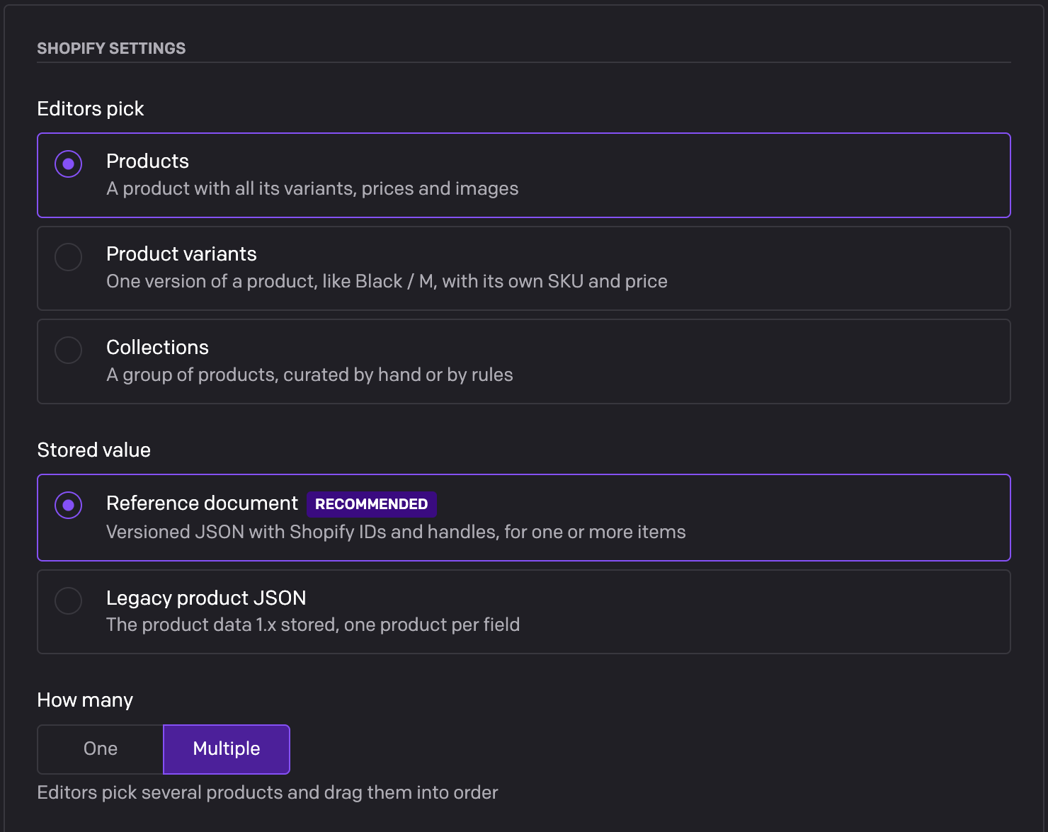 The Shopify field settings