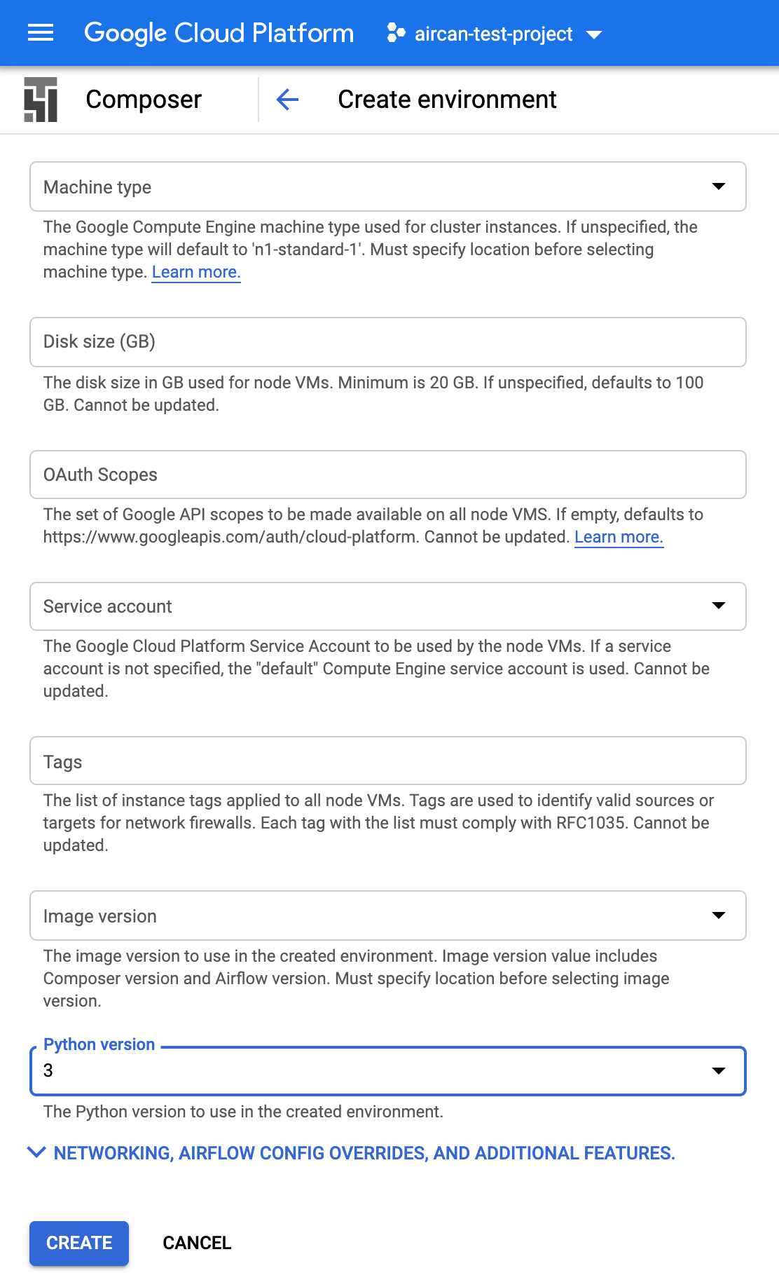 Google Cloud Composer environment configuration