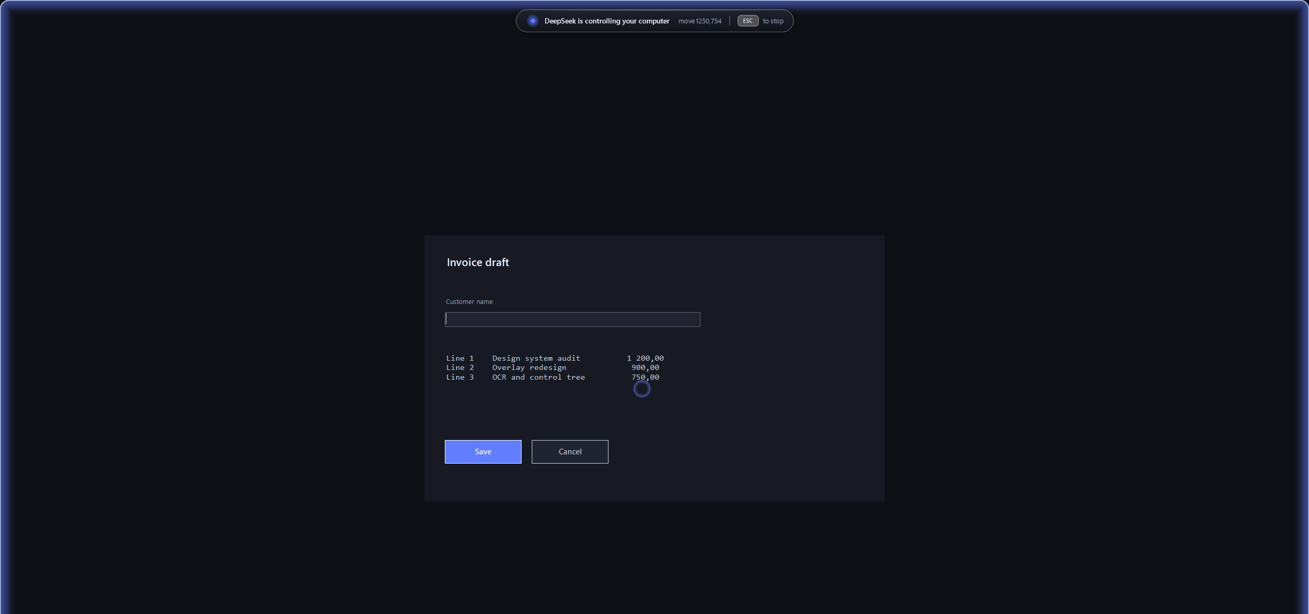 The whole screen while an agent works: the status panel, the edge glow and the pointer ring