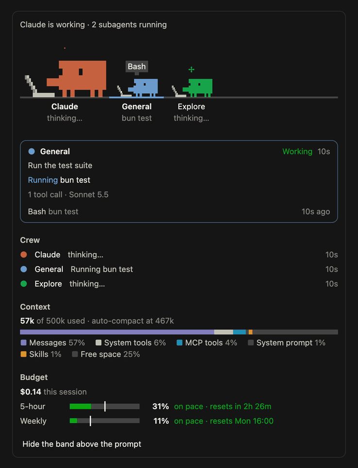 The Mission control pane: the stage, the spotlight card, the crew, the context and the budget