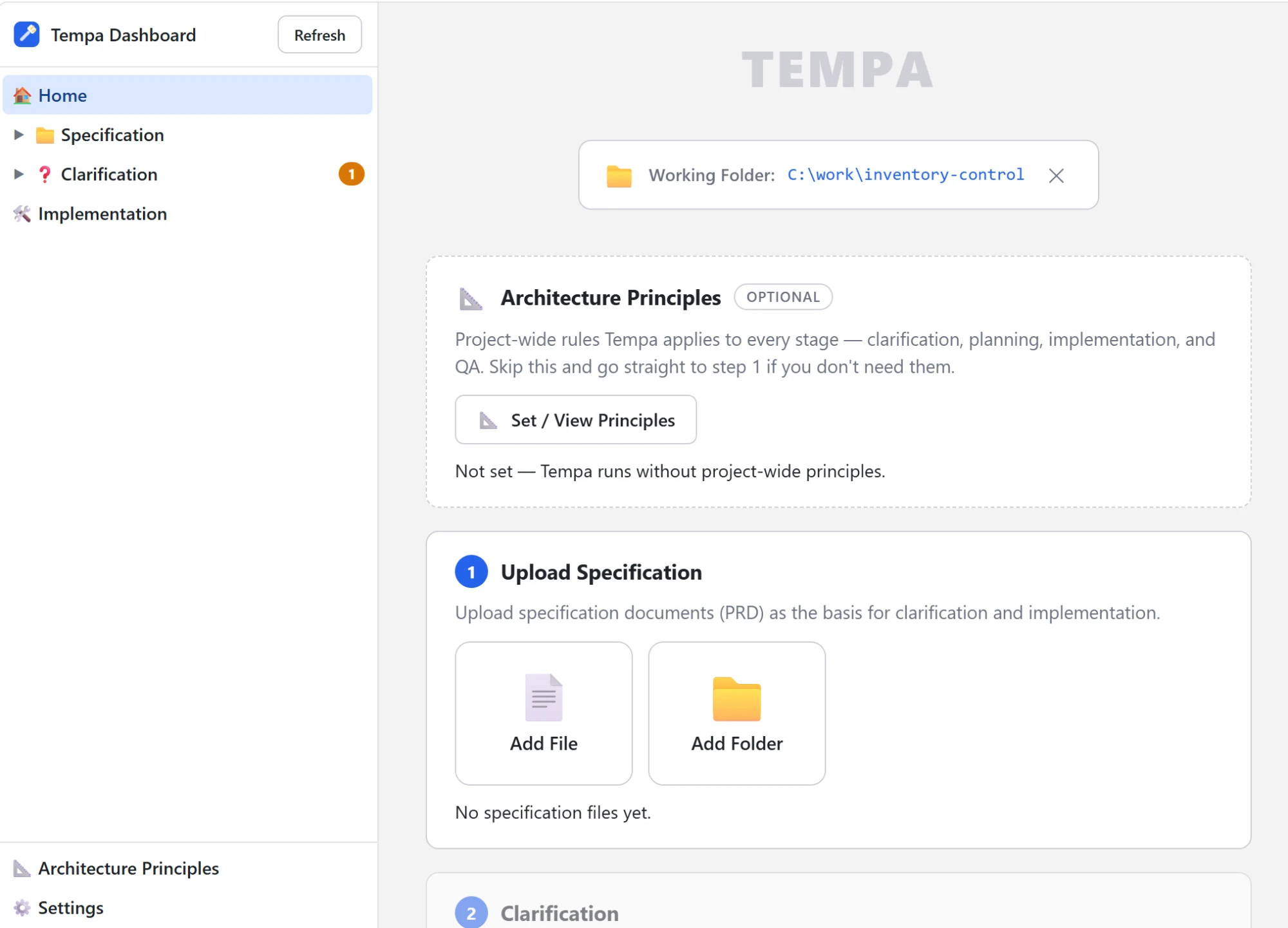 Tempa dashboard Home page, showing the working folder, the optional Architecture Principles card, and the Upload Specification step