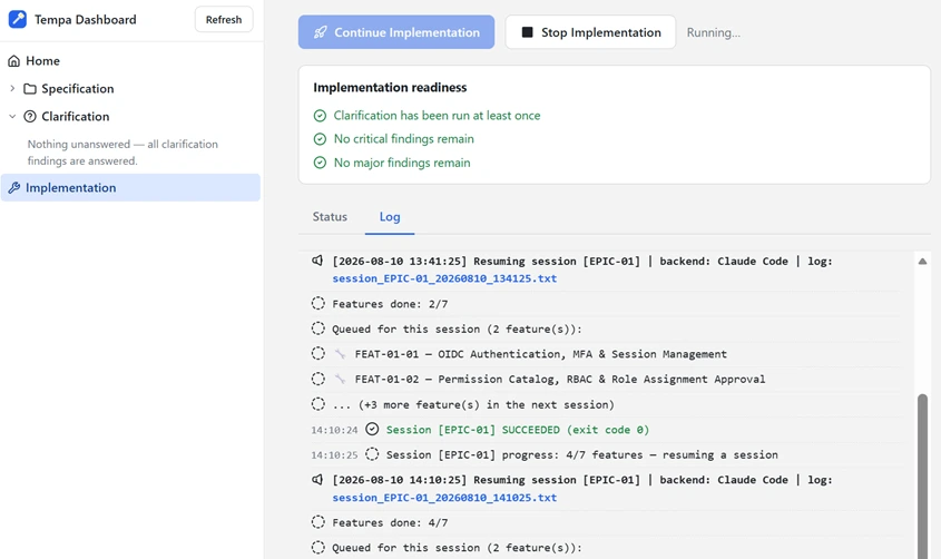 Tempa dashboard Implementation page, Log tab, showing the raw console output