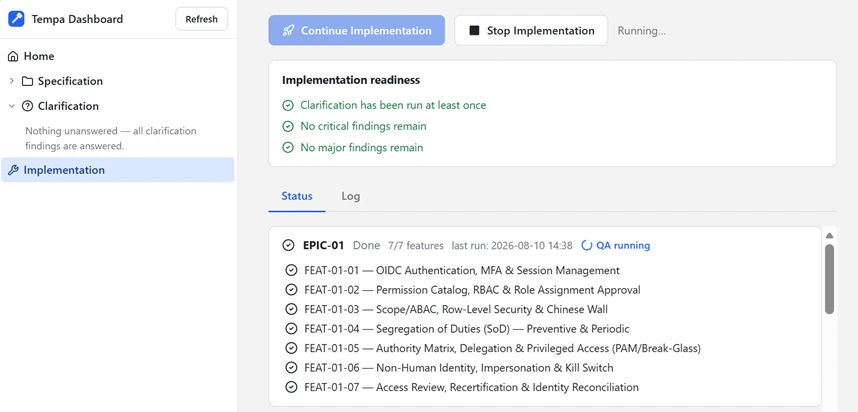 Tempa dashboard Implementation page, Status tab, showing live epic/feature progress and QA results