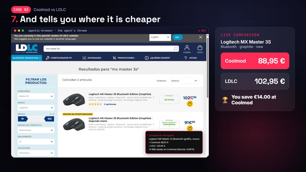 The agent compares a product's price in two stores and says where it is cheaper
