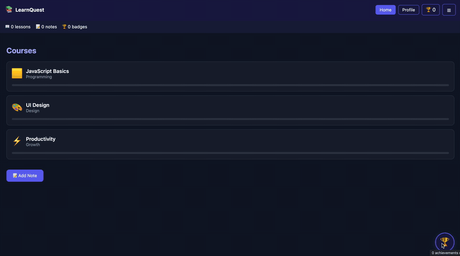 React Achievements 4.4 demo showing achievement progress, unlock notifications, configurable confetti, and a compact LearnQuest achievements modal