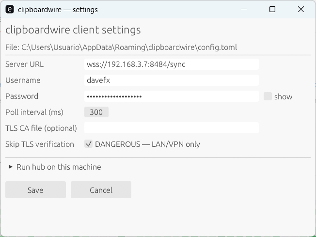 Settings dialog: Server URL, username, password, poll interval, TLS options, embedded hub section