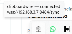 Tray tooltip: clipboardwire — connected, with the server URL