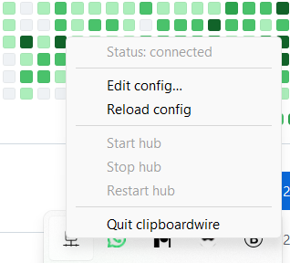Tray right-click menu: live status, Edit/Reload config, hub Start/Stop/Restart, Quit
