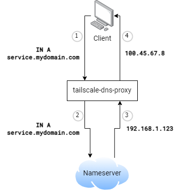 Diagram showing how tailscale-dns-proxy rewrites '192.168.1.123' to a Tailnet IP