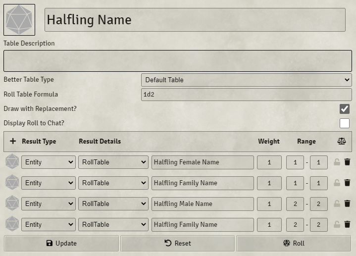 A RollTable that returns multiple lines on the same dice roll, for firstname and lastname