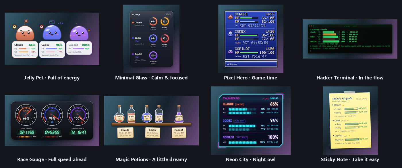 The eight looks: Jelly Pet, Minimal Glass, Pixel Hero, Hacker Terminal, Race Gauge, Magic Potions, Neon City, Sticky Note