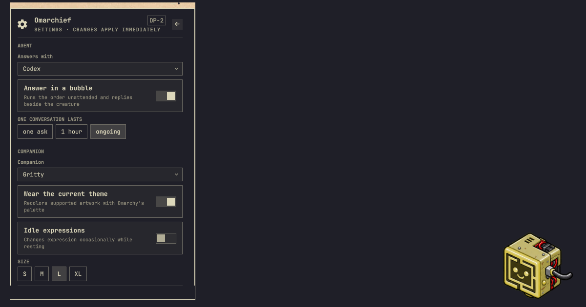 Omarchief's native settings with Gritty on the desktop
