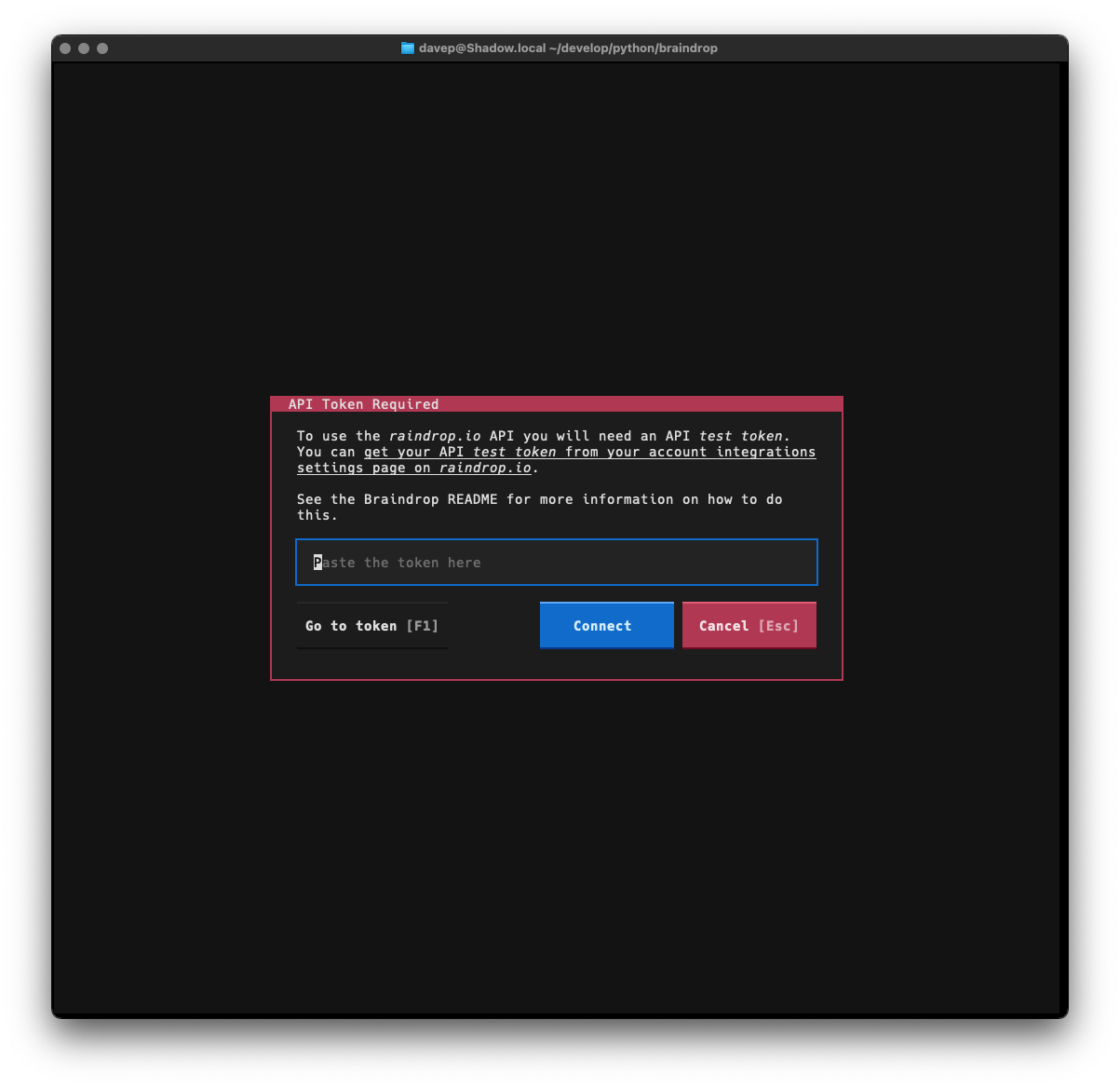 Raindrop API token entry dialog