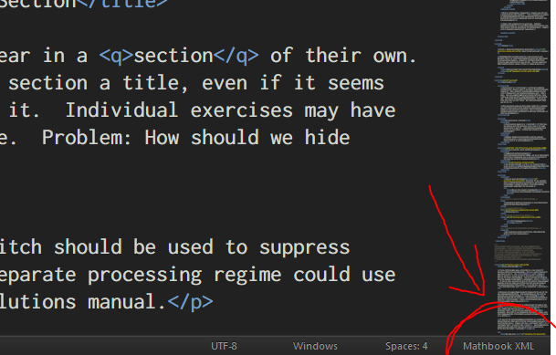 Image of status bar showing PreTeXt active