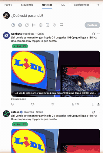 Scrolling the X timeline: each post gets a slop score, and posts over the threshold are blurred and stamped SLOP with a Show the post button.