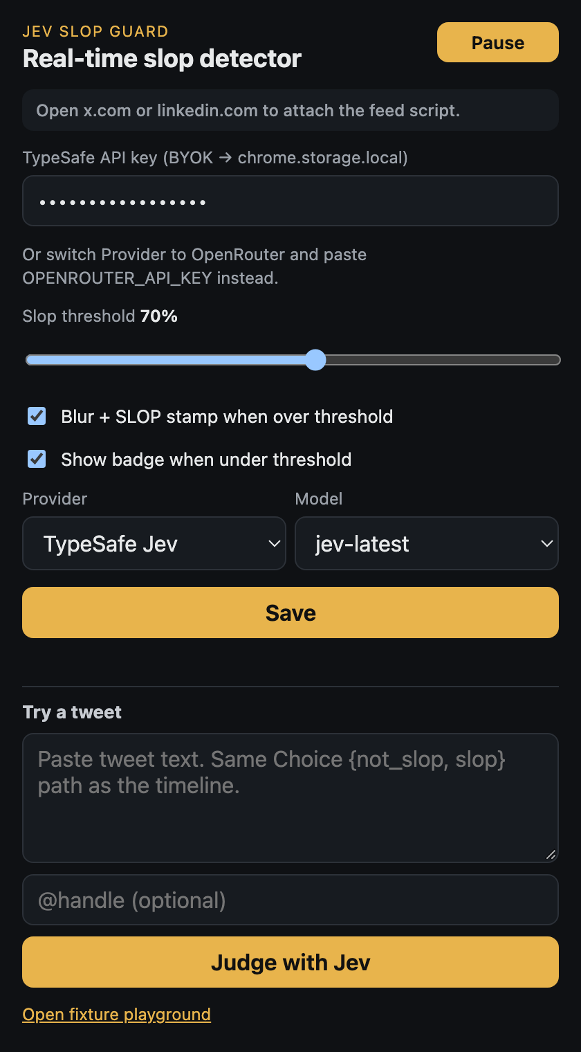 The popup: API key field, slop threshold slider at 70%, blur and badge checkboxes, provider and model selects, Save button, and a Try a tweet box.