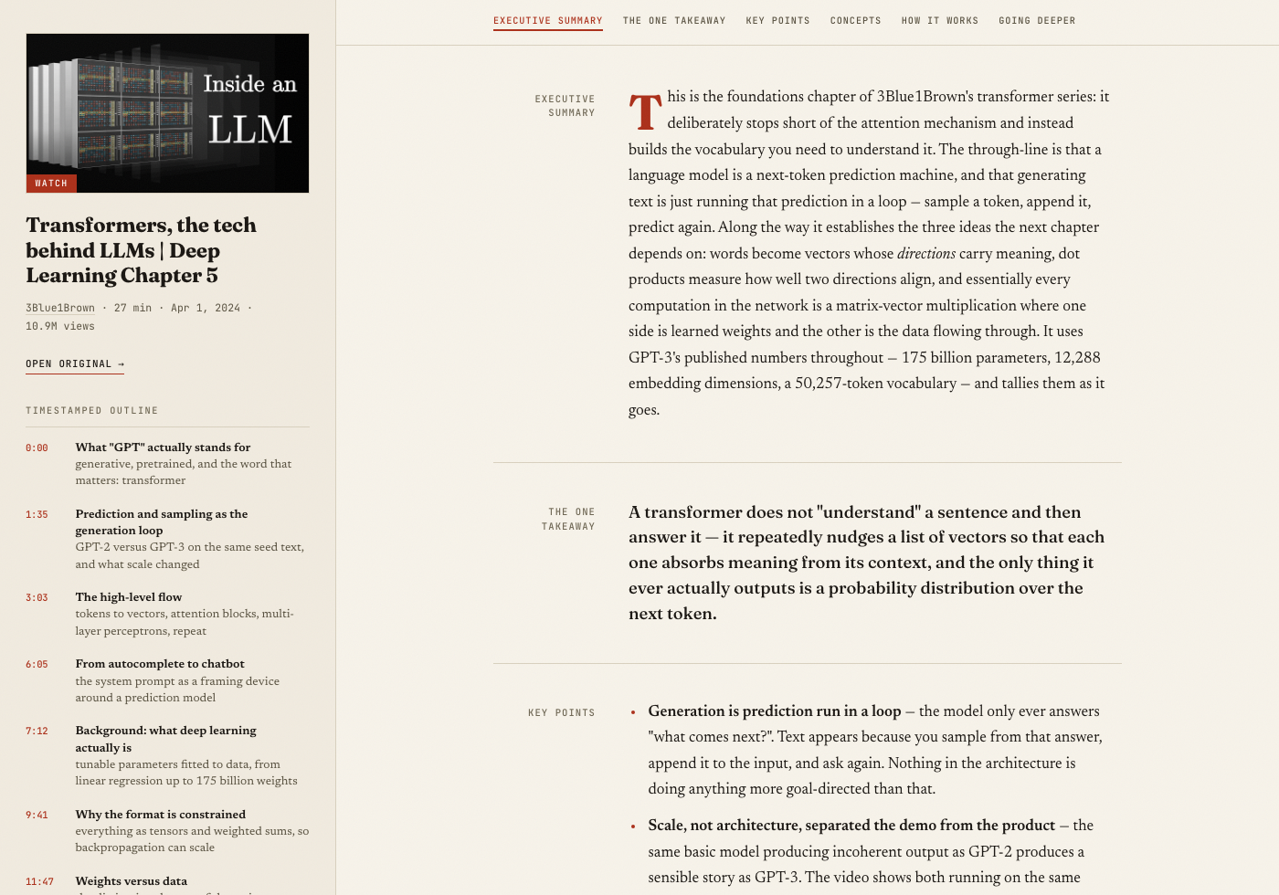 Video note — rail with poster, timestamped index, and scroll-spy sections