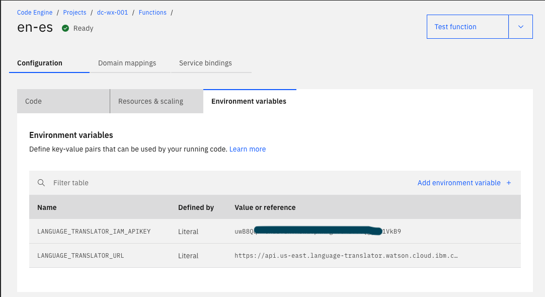 Code Engine functions environment variables