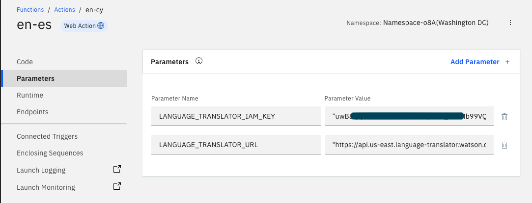 IBM Cloud Functions action parameters tab