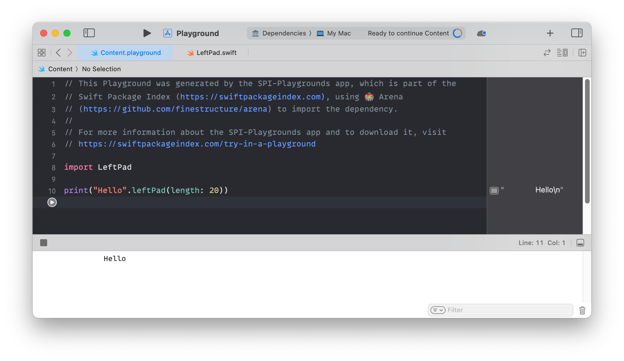 Screenshot of a Swift Playground with LeftPad in use.