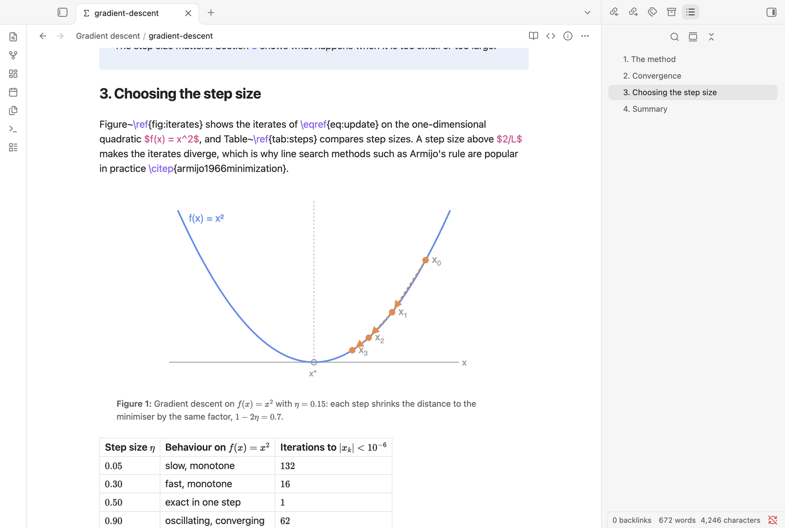 Live editing: one paragraph shown as LaTeX source, the figure and table below rendered, and the Outline pane on the right