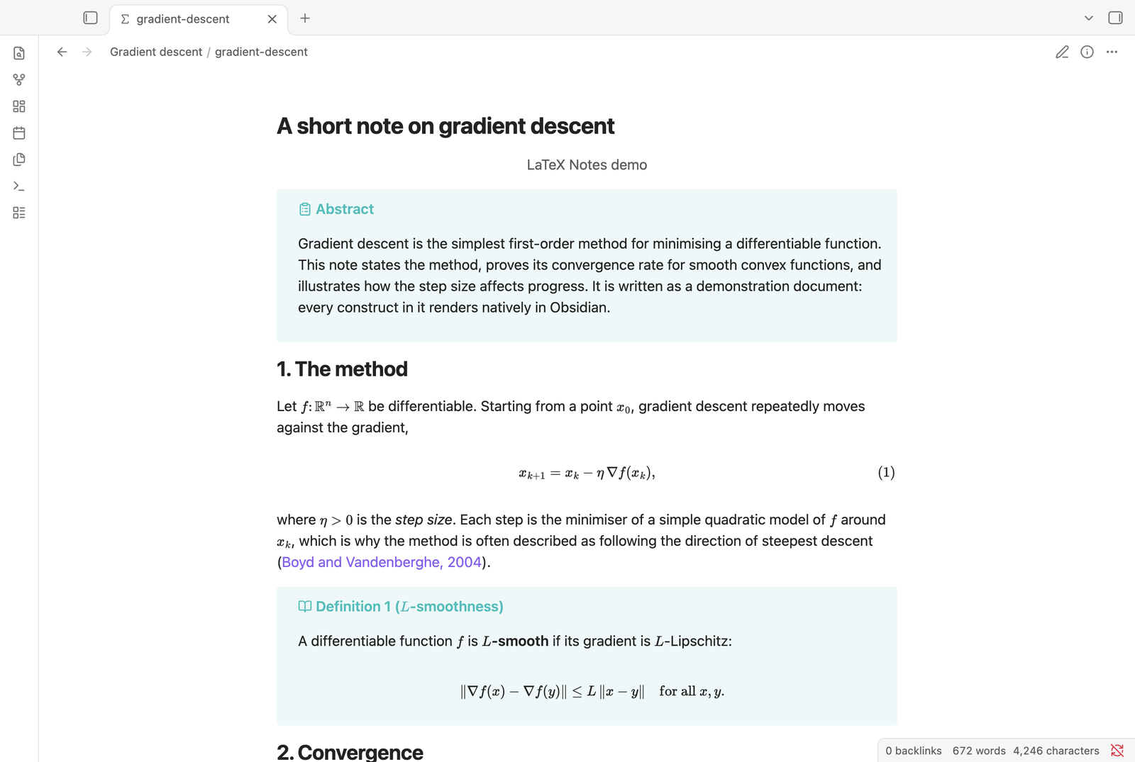 A LaTeX document in reading view: title, abstract, numbered section, numbered equation, citation and a definition