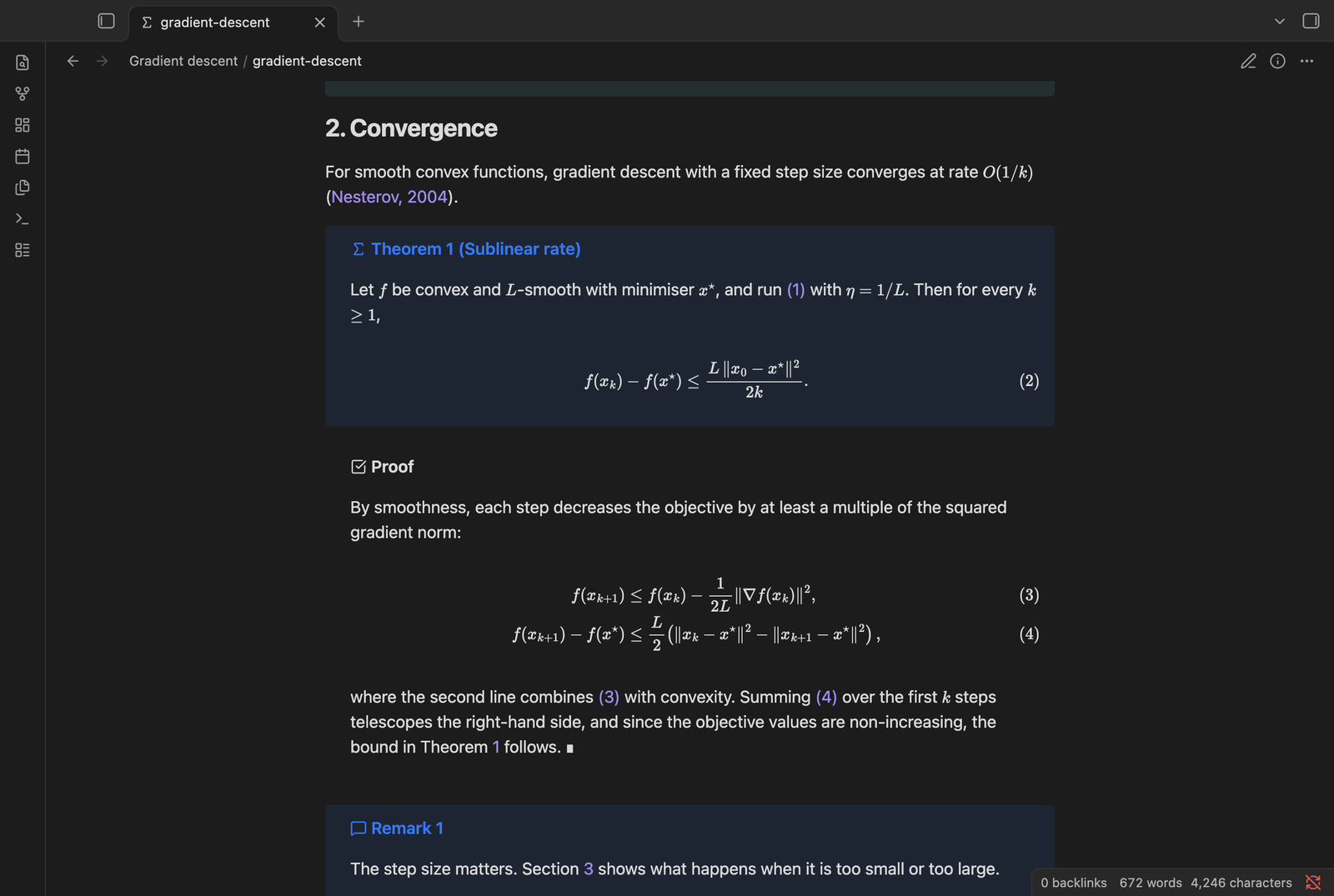 A theorem and its proof as callouts, with numbered aligned equations and clickable references