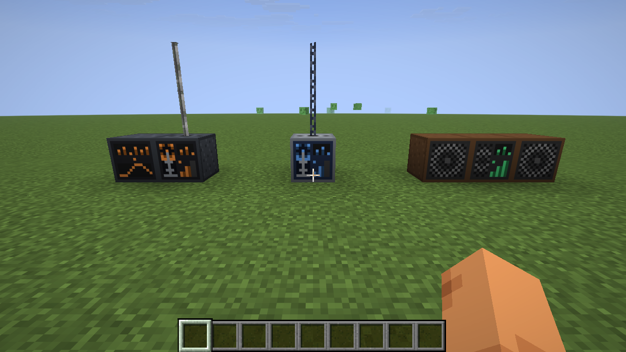 A Radio Channel next to a Radio Transmitter with two iron bars, a Radio Amplifier with two chains, and a Radio between two Speakers, all running