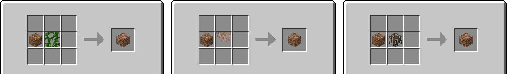 The three recipes in the crafting table: dirt with a vine, with hanging roots and with mangrove roots