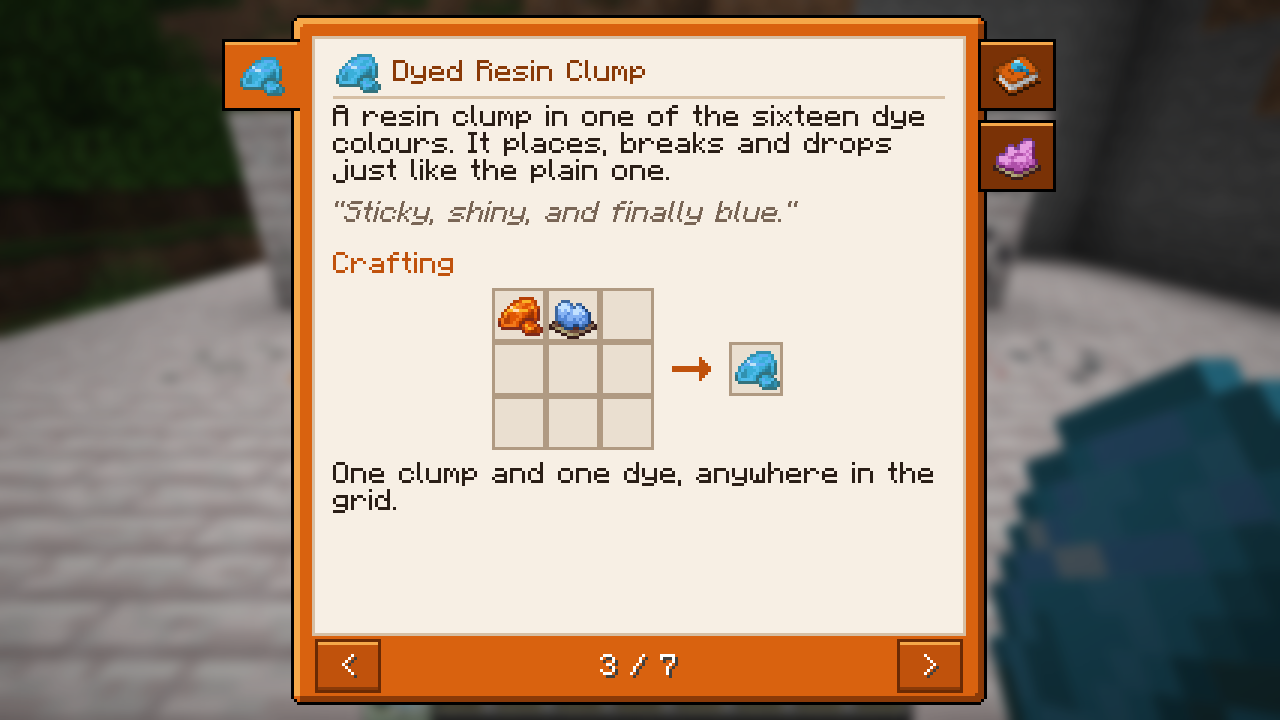The guide book open on the Dyed Resin Clump chapter