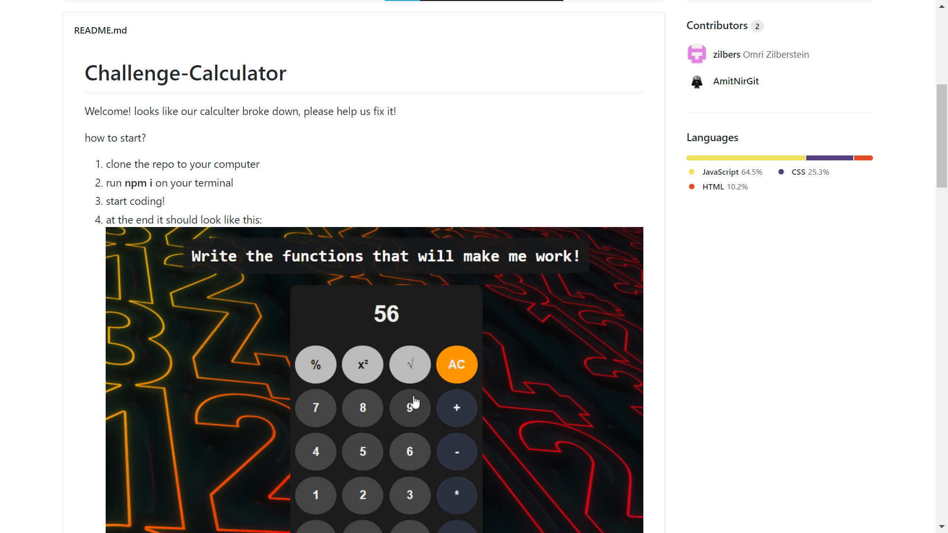boilerplate repo. we see the title "Challenge-Calculator", as well as some instructions and the 2 Contributors. There is a big illustration of the calculator that completing this challenge produces