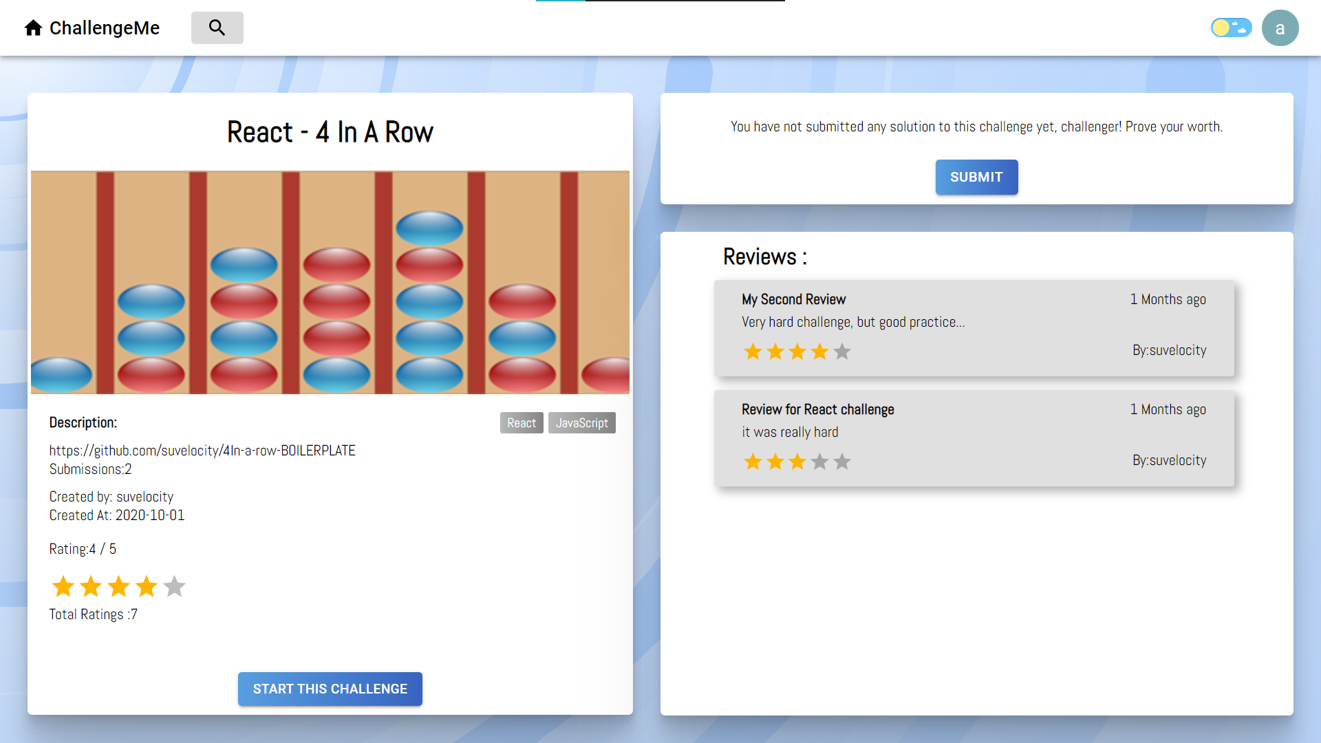 The page of the React 4-in-a-row challenge. you can see its details and Reviews. The user has yet to submit a solution to the challenge