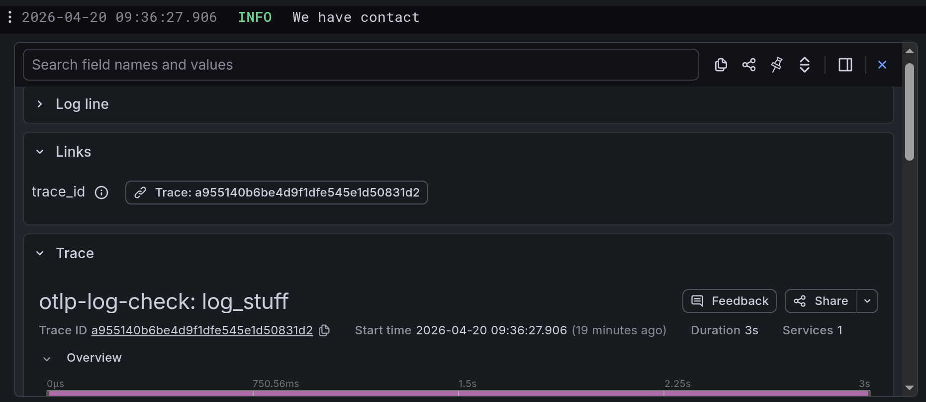 screenshot of grafana logs