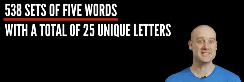 538 SETS OF FIVE WORDS WITH A TOTAL OF 25 UNIQUE LETTERS