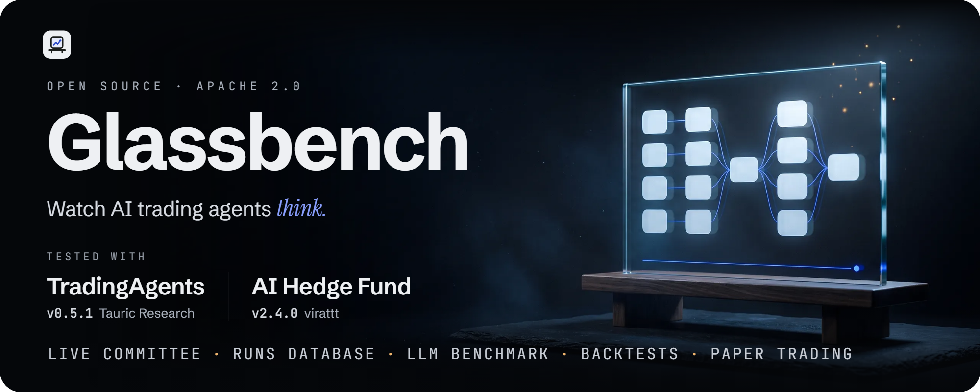 Glassbench: watch AI trading agents think. Tested with TradingAgents v0.5.1 by Tauric Research and AI Hedge Fund v2.4.0 by virattt. Live committee, runs database, LLM benchmark, backtests, paper trading.