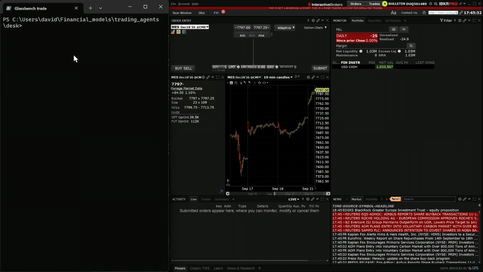 Terminal and Interactive Brokers TWS during a paper trade