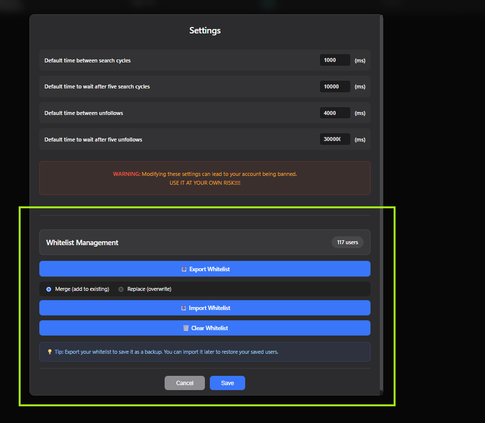 Settings screen